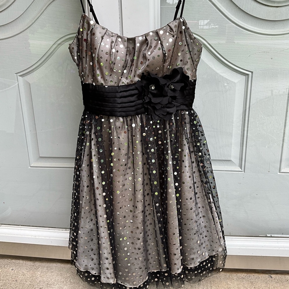 B. Darlin Sequin Party Dress Black & Silver With 3D Flowers Kremlin Skirt 1/2